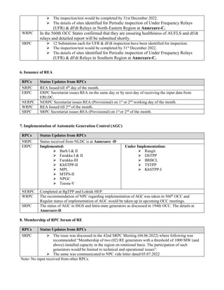  The inspection/test would be completed by 31st December 2022.
 The details of sites identified for Periodic inspection of Under Frequency Relays
(UFR) & df/dt Relays in North-Eastern Region at Annexure-C.
WRPC In the 560th OCC States confirmed that they are ensuring healthiness of AUFLS and df/dt
relays and detailed report will be submitted shortly.
SRPC  12 Substations each for UFR & df/dt inspection have been identified for inspection.
 The inspection/test would be completed by 31st
December 2022.
 The details of sites identified for Periodic inspection of Under Frequency Relays
(UFR) & df/dt Relays in Southern Region at Annexure-C.
6. Issuance of REA
RPCs Status Updates from RPCs
NRPC REA Issued till 4th
day of the month.
ERPC ERPC Secretariat issues REA on the same day or by next day of receiving the input data from
ERLDC.
NERPC NERPC Secretariat issues REA (Provisional) on 1st
or 2nd
working day of the month.
WRPC REA Issued till 2nd
of the month.
SRPC SRPC Secretariat issues REA (Provisional) on 1st
or 2nd
of the month.
7. Implementation of Automatic Generation Control (AGC)
RPCs Status Updates from RPCs
NRPC Status received from NLDC is at Annexure -D
ERPC Implemented:
 Barh I & II
 Farakka I & II
 Farakka-III
 KhSTPP-II
 MPL
 MTPS-II
 NPGC
 Teesta-V
Under Implementation:
 Rangit
 DSTPP
 BRBCL
 TSTPP
 KhSTPP-I
NERPC Completed at BgTPP and Loktak HEP.
WRPC The recommendation of NPC regarding implementation of AGC was taken in 560th
OCC and
Regular status of implementation of AGC would be taken up in upcoming OCC meetings.
SRPC The status of AGC in ISGS and Intra-state generators as discussed in 194th OCC. The details at
Annexure-D
8. Membership of RPC forum of RE
RPCs Status Updates from RPCs
SRPC  The issue was discussed in the 42nd SRPC Meeting (04.06.2022) where following was
recommended “Membership of two (02) RE generators with a threshold of 1000 MW (and
above) installed capacity in the region on rotational basis. The participation of such
generators would be limited to technical and operational issues”.
 The same was communicated to NPC vide letter dated 05.07.2022
Note- No input received from other RPCs.
 