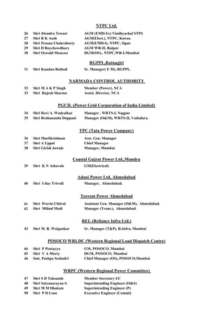 26 Shri Jitendra Tewari AGM (EMD-I/c) Vindhyachal STPS
27 Shri R K Aash AGM(Elect.), NTPC, Kawas.
28 Shri Prasun Chakraborty AGM(EMD-I), NTPC, Sipat.
29 Shri D Roychowdhary AGM WR-II, Raipur
30 Shri Oswald Menezes DGM(OS)., NTPC,WR-I,Mumbai
31 Shri Kundan Rathod Sr. Manager( E M), RGPPL.
32 Shri M A K P Singh Member (Power), NCA
33 Shri Rajesh Sharma Assist. Director, NCA
34 Shri Ravi A. Wadyalkar Manager , WRTS-I, Nagpur
35 Shri Brahananda Doppani Manager (O&M), WRTS-II, Vadodara.
36 Shri Murlikrishnan Asst. Gen. Manager
37 Shri A Uppal Chief Manager
38 Shri Girish Jawale Manager, Mumbai
39 Shri K N Athavale GM(Electrical)
40 Shri Uday Trivedi Manager, Ahmedabad.
41 Shri Pravin Chitral Assistant Gen. Manager (O&M), Ahmedabad.
42 Shri Milind Modi Manager (Trans.), Ahmedabad.
43 Shri M. R. Waigankar Sr. Manager (T&P), R-Infra, Mumbai
44 Shri P Pentayya GM, POSOCO, Mumbai
45 Shri V A Murty DGM, POSOCO, Mumbai
46 Smt. Pushpa Seshadri Chief Manager (OS), POSOCO,Mumbai
47 Shri S D Taksande Member Secretary I/C
48 Shri Satyanarayan S. Superintending Engineer (O&S)
49 Shri M M Dhakate Superintending Engineer (P)
50 Shri P D Lone Executive Engineer (Comml)
WRPC (Western Regional Power Committee)
TPC (Tata Power Company)
Coastal Gujrat Power Ltd.,Mundra
REL (Reliance Infra Ltd.)
POSOCO WRLDC (Western Regional Load Dispatch Centre)
Adani Power Ltd, Ahmedabad
Torrent Power Ahmedabad
NTPC Ltd.
PGCIL (Power Grid Corporation of India Limited)
NARMADA CONTROL AUTHORITY
RGPPL,Ratnagiri
 