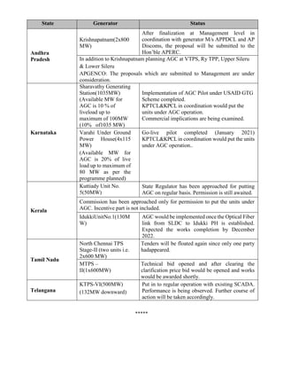 State Generator Status
Andhra
Pradesh
Krishnapatnam(2x800
MW)
After finalization at Management level in
coordination with generator M/s APPDCL and AP
Discoms, the proposal will be submitted to the
Hon’ble APERC.
In addition to Krishnapatnam planning AGC at VTPS, Ry TPP, Upper Sileru
& Lower Sileru
APGENCO: The proposals which are submitted to Management are under
consideration.
Karnataka
Sharavathy Generating
Station(1035MW)
(Available MW for
AGC is 10 % of
liveload up to
maximum of 100MW
(10% of1035 MW)
Implementation of AGC Pilot under USAID GTG
Scheme completed.
KPTCL&KPCL in coordination would put the
units under AGC operation.
Commercial implications are being examined.
Varahi Under Ground
Power House(4x115
MW)
(Available MW for
AGC is 20% of live
load up to maximum of
80 MW as per the
programme planned)
Go-live pilot completed (January 2021)
KPTCL&KPCLin coordination would put the units
under AGC operation..
Kerala
Kuttiady Unit No.
5(50MW)
State Regulator has been approached for putting
AGC on regular basis. Permission is still awaited.
Commission has been approached only for permission to put the units under
AGC. Incentive part is not included.
IdukkiUnitNo.1(130M
W)
AGC would be implemented once the Optical Fiber
link from SLDC to Idukki PH is established.
Expected the works completion by December
2022.
Tamil Nadu
North Chennai TPS
Stage-II (two units i.e.
2x600 MW)
Tenders will be floated again since only one party
hadappeared.
MTPS –
II(1x600MW)
Technical bid opened and after clearing the
clarification price bid would be opened and works
would be awarded shortly.
Telangana
KTPS-VI(500MW)
(132MW downward)
Put in to regular operation with existing SCADA.
Performance is being observed. Further course of
action will be taken accordingly.
*****
 