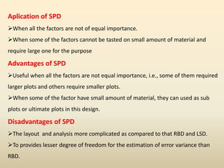 Aplication of SPD
When all the factors are not of equal importance.
When some of the factors cannot be tasted on small amount of material and
require large one for the purpose
Advantages of SPD
Useful when all the factors are not equal importance, i.e., some of them required
larger plots and others require smaller plots.
When some of the factor have small amount of material, they can used as sub
plots or ultimate plots in this design.
Disadvantages of SPD
The layout and analysis more complicated as compared to that RBD and LSD.
To provides lesser degree of freedom for the estimation of error variance than
RBD.
 