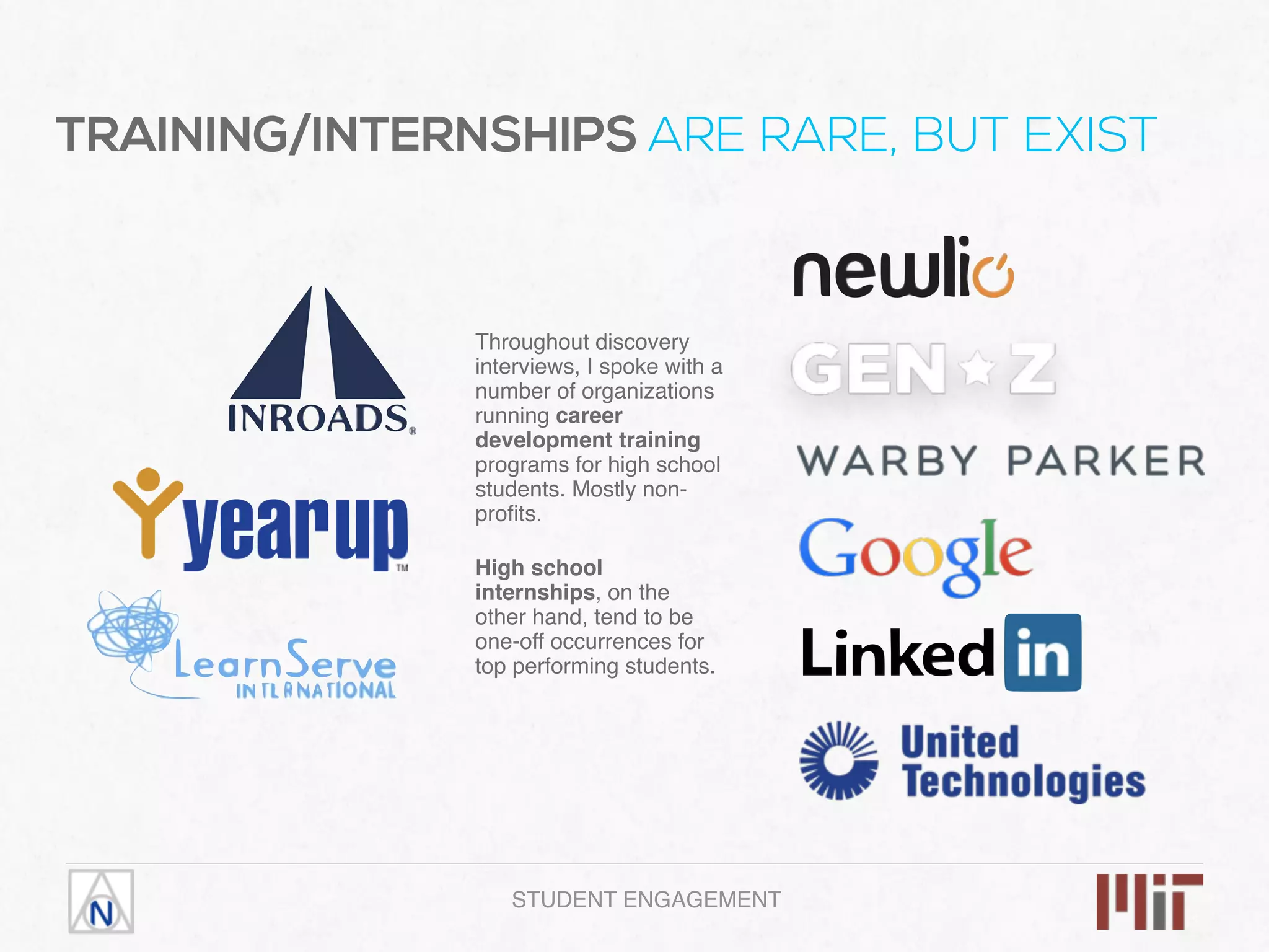 TRAINING/INTERNSHIPS ARE RARE, BUT EXIST
Throughout discovery
interviews, I spoke with a
number of organizations
running career
development training
programs for high school
students. Mostly non-
proﬁts.
High school
internships, on the
other hand, tend to be
one-off occurrences for
top performing students.
STUDENT ENGAGEMENT
 