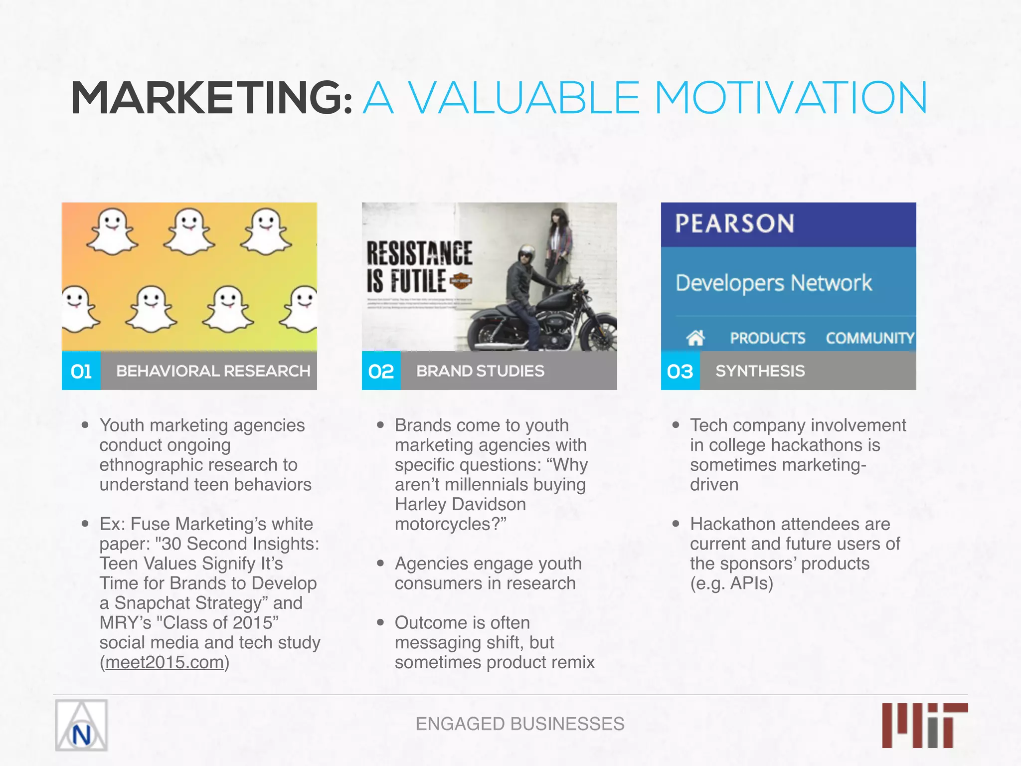 ENGAGED BUSINESSES
MARKETING: A VALUABLE MOTIVATION
02 BRAND STUDIES 03 SYNTHESIS01 BEHAVIORAL RESEARCH
• Youth marketing agencies
conduct ongoing
ethnographic research to
understand teen behaviors 
• Ex: Fuse Marketing’s white
paper: "30 Second Insights:
Teen Values Signify It’s
Time for Brands to Develop
a Snapchat Strategy” and
MRY’s "Class of 2015”
social media and tech study
(meet2015.com)
• Brands come to youth
marketing agencies with
speciﬁc questions: “Why
aren’t millennials buying
Harley Davidson
motorcycles?” 
• Agencies engage youth
consumers in research 
• Outcome is often
messaging shift, but
sometimes product remix
• Tech company involvement
in college hackathons is
sometimes marketing-
driven 
• Hackathon attendees are
current and future users of
the sponsors’ products
(e.g. APIs)
 