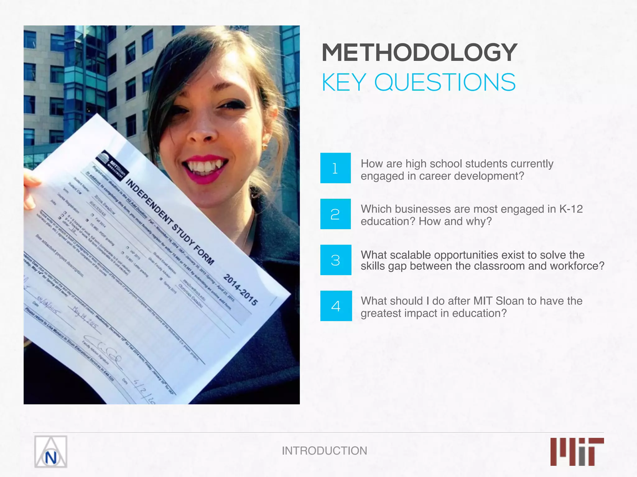 1
2
3
4
How are high school students currently
engaged in career development?
Which businesses are most engaged in K-12
education? How and why?
What scalable opportunities exist to solve the
skills gap between the classroom and workforce?
What should I do after MIT Sloan to have the
greatest impact in education?
INTRODUCTION
METHODOLOGY
KEY QUESTIONS
 