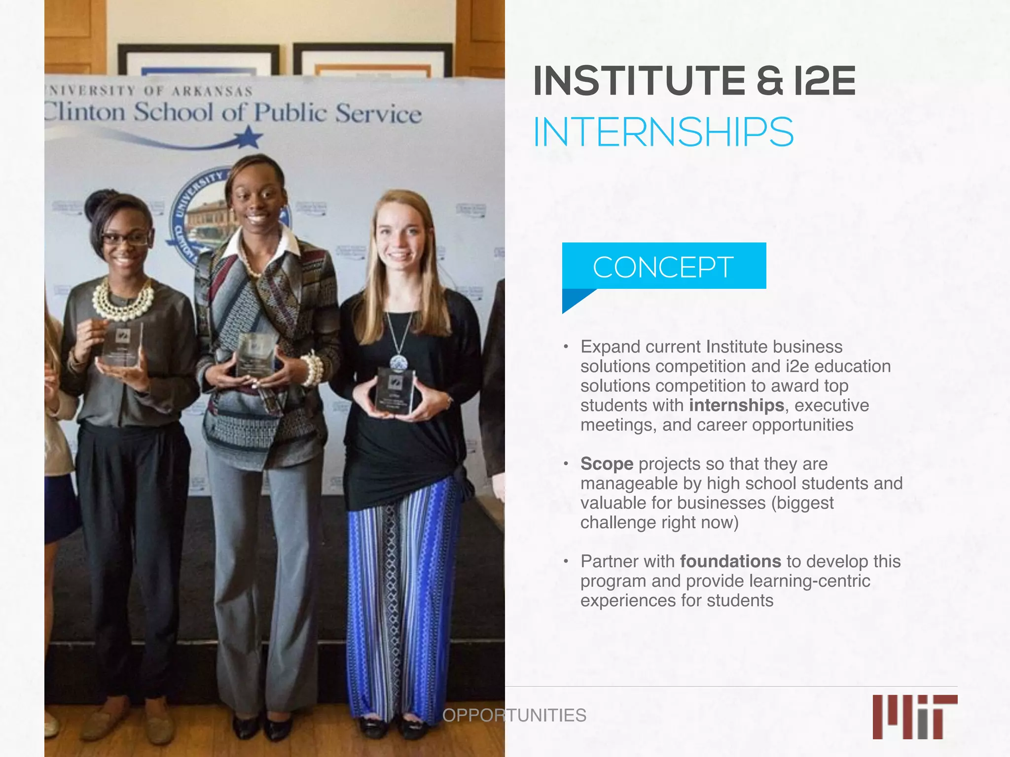 • Expand current Institute business
solutions competition and i2e education
solutions competition to award top
students with internships, executive
meetings, and career opportunities 
• Scope projects so that they are
manageable by high school students and
valuable for businesses (biggest
challenge right now) 
• Partner with foundations to develop this
program and provide learning-centric
experiences for students 
OPPORTUNITIES
INSTITUTE & I2E
INTERNSHIPS
CONCEPT
 
