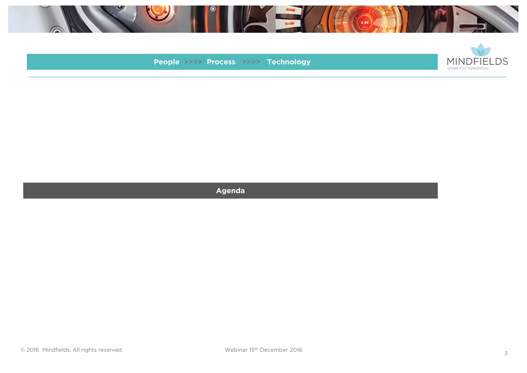 © 2016 Mindﬁelds. All rights reserved. Webinar 15th December 2016
3
Agenda
People >>>> Process >>>> Technology
 