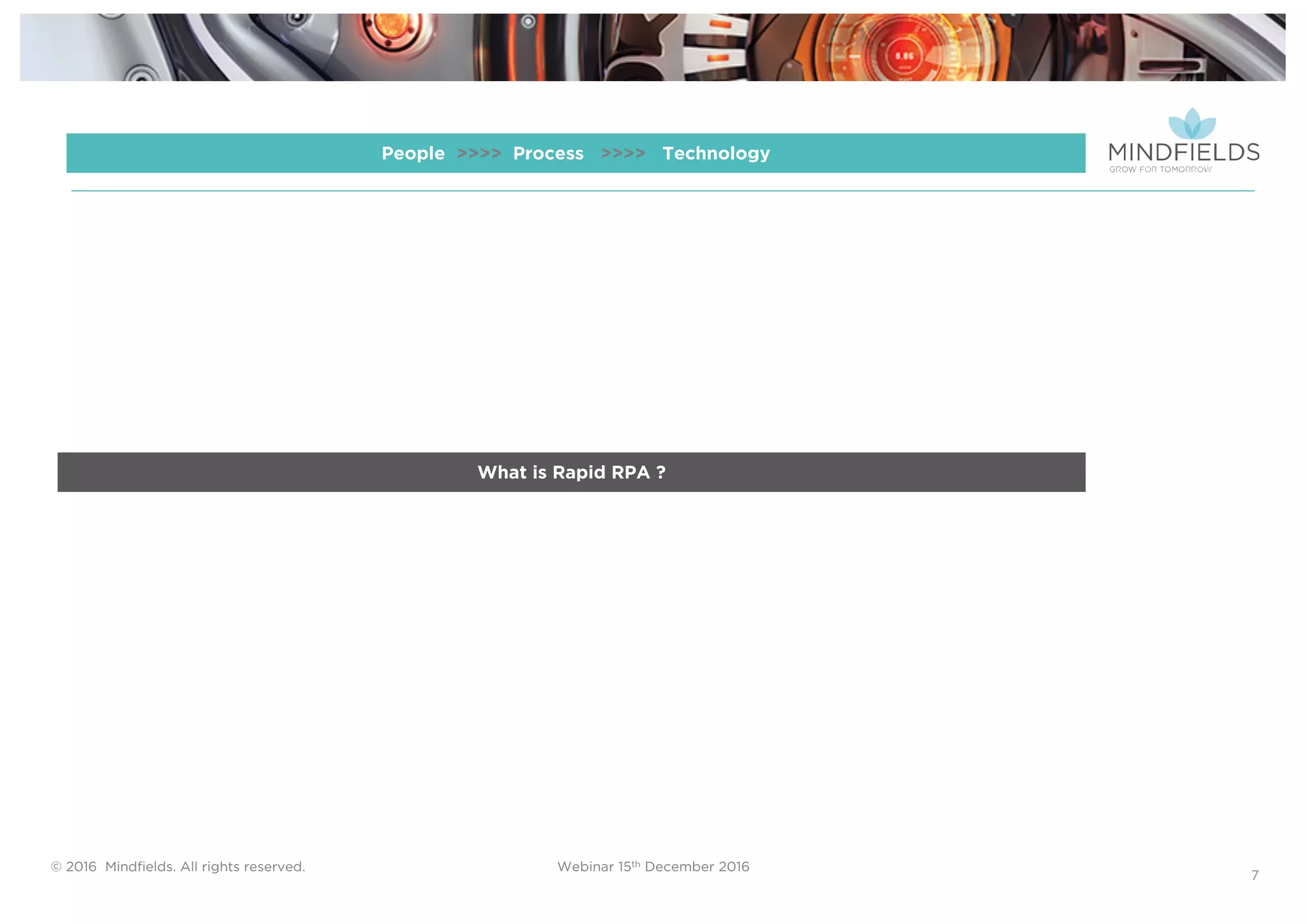 © 2016 Mindﬁelds. All rights reserved. Webinar 15th December 2016
7
What is Rapid RPA ?
People >>>> Process >>>> Technology
 