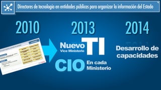 2010
DirectoresdetecnologíaenentidadespúblicasparaorganizarlainformacióndelEstado
2013
NuevoVice Ministerio
TIEn cada
MinisterioCIO
Desarrollo de
capacidades
2014
 