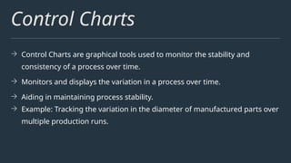 Control Charts
→ Control Charts are graphical tools used to monitor the stability and
consistency of a process over time.
→ Monitors and displays the variation in a process over time.
→ Aiding in maintaining process stability.
→ Example: Tracking the variation in the diameter of manufactured parts over
multiple production runs.
 