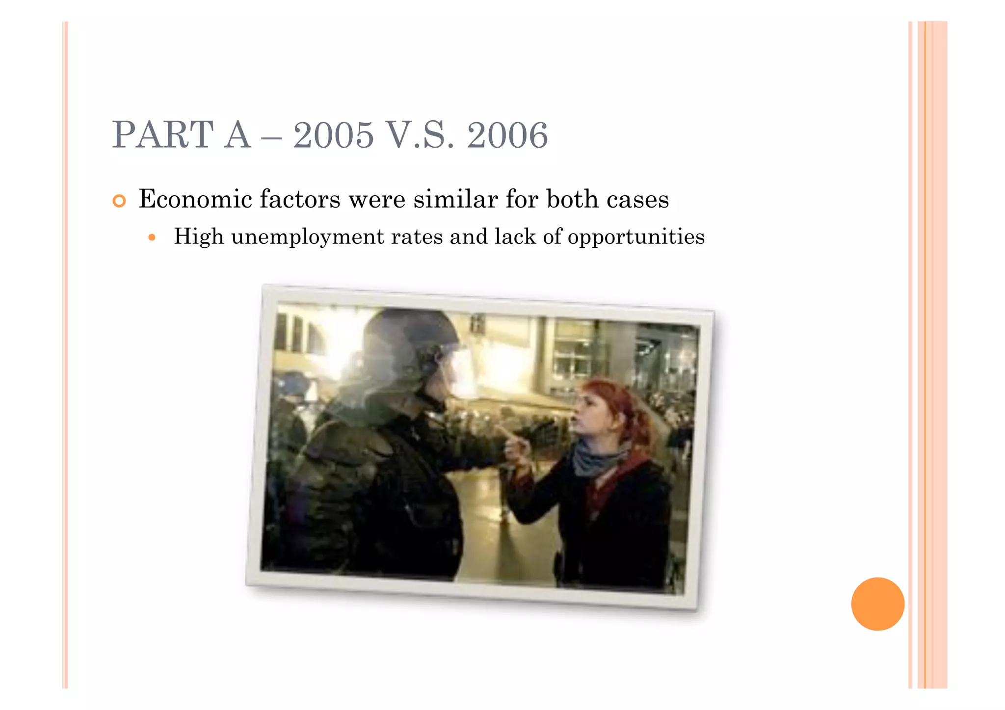 PART A – 2005 V.S. 2006
!! Economic   factors were similar for both cases
  !!   High unemployment rates and lack of opportunities
 