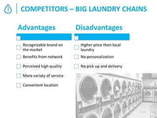!

COMPETITORS – BIG LAUNDRY CHAINS
Advantages

Disadvantages

Recognizable brand on
the market

Higher price then local
laundry

Benefits from network

No personalization

Perceived high quality

No pick up and delivery

More variaty of service
Convenient location

 