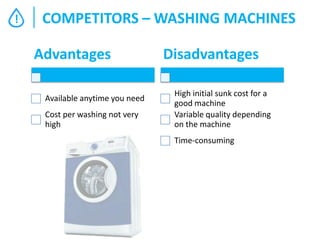 !

COMPETITORS – WASHING MACHINES
Advantages
Available anytime you need
Cost per washing not very
high

Disadvantages
High initial sunk cost for a
good machine
Variable quality depending
on the machine
Time-consuming

 