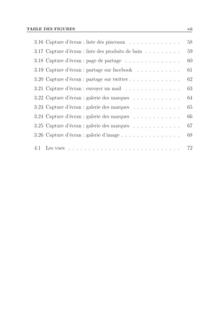 TABLE DES FIGURES

vii

3.16 Capture d’écran : liste des pinceaux . . . . . . . . . . . . .

58

3.17 Capture d’écran : liste des produits de bain . . . . . . . . .

59

3.18 Capture d’écran : page de partage . . . . . . . . . . . . . .

60

3.19 Capture d’écran : partage sur facebook . . . . . . . . . . .

61

3.20 Capture d’écran : partage sur twitter . . . . . . . . . . . . .

62

3.21 Capture d’écran : envoyer un mail . . . . . . . . . . . . . .

63

3.22 Capture d’écran : galerie des marques . . . . . . . . . . . .

64

3.23 Capture d’écran : galerie des marques . . . . . . . . . . . .

65

3.24 Capture d’écran : galerie des marques . . . . . . . . . . . .

66

3.25 Capture d’écran : galerie des marques . . . . . . . . . . . .

67

3.26 Capture d’écran : galerie d’image . . . . . . . . . . . . . . .

68

4.1 Les vues . . . . . . . . . . . . . . . . . . . . . . . . . . . .

72

 