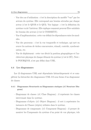 4.4 Les diagrammes

73

– Vue des cas d’utilisation : c’est la description du modèle "vue" par les
acteurs du système. Elle correspond aux besoins attendus par chaque
acteur (c’est le QUOI et le QUI). Vue logique : c’est la déﬁnition du
système vu de l’intérieur. Elle explique comment peuvent Être satisfaits
les besoins des acteurs (c’est le COMMENT).
– Vue d’implémentation : cette vue déﬁnit les dépendances entre les modules.
– Vue des processus : c’est la vue temporelle et technique, qui met en
œuvre les notions de tâches concurrentes, stimuli, contrôle, synchronisation, etc.
– Vue de déploiement : cette vue décrit la position géographique et l’architecture physique de chaque élément du système (c’est le OÙ). Note :
le POURQUOI, n’est pas déﬁni dans UML.
4.4

Les diagrammes

Les 13 diagrammes UML sont dépendants hiérarchiquement et se complètent La hiérarchie des diagrammes UML 2.0 sous forme d’un diagramme
de classes
4.4.1

Diagrammes Structurels ou Diagrammes statiques (cf. Structure Diagram)

– Diagramme de classes :(cf. Class Diagram) : il représente les classes
intervenant dans Le système.
– Diagramme d’objets :(cf. Object Diagram) : il sert à représenter les
instances de Classes (objets) utilisées dans le système.
– Diagramme de composants :(cf. Component Diagram) : il permet de
montrer les Composants du système d’un point de vue physique, tels

 