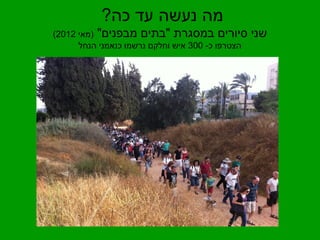 מה נעשה עד כה? 
( שני סיורים במסגרת "בתים מבפנים" (מאי 2012 
הצטרפו כ- 300 איש וחלקם נרשמו כנאמני הנחל 
 