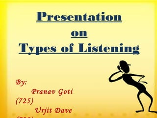 Presentation
on
Types of Listening
By:
Pranav Goti
(725)
Urjit Dave
 
