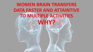 WOMEN BRAIN TRANSFERS
DATA FASTER AND ATTAINTIVE
TO MULTIPLE ACTIVITIES
WHY?
26/01/2016 19
 