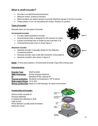 21
What is shaft encoder?
 Encoder is an electromechanical device
 Measure motion, position & direction
 Most encoders use optical sensors to provide electrical signals in the form of pulse
 These pulses, in turn, be translated into motion, direction or position
Types of encoder:
Basically there are two types of encoder
Incremental encoder:
 It is also called quadrature encoder
 Incremental encoder is designed for the direction of motion.
 It gives incremental train of pulses by two channels A, B.
 Incremental encoder’s disc is shown figure 1.
Absolute encoder:
 Absolute encoder is specially design for the detection
of absolute position.
 Absolute encoder uses a disk with concentric circle patterns.
 Absolute encoder’s disc shown in figure 2.
NOTE: In lime stone stacker L-II Incremental Encoder (Type 2R) is being used.
Characteristics
Encoder Type: Shaft encoder
SMD-Technology: Strong compact electronic
IP: Standard IP=65, optional 67
Thermal protection: Shutdown at temperature 1550
& above
Wide supply Range: 4V to 30V
Strong construction: Base on 2 ball bearings, for harsh environment
Construction of encoder:
Shaft encoder consists of:
Housing assembly
A rotating disc attached to shaft
Light source
Photo detector (usually photo transistor)
Electronic circuit
Figure 1
Figure 2
 