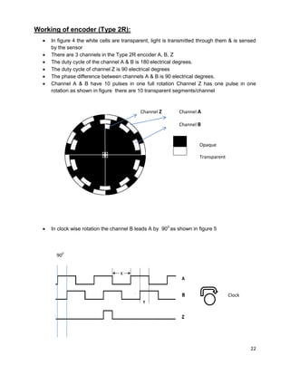 22
Working of encoder (Type 2R):
 In figure 4 the white cells are transparent, light is transmitted through them & is sensed
by the sensor
 There are 3 channels in the Type 2R encoder A, B, Z
 The duty cycle of the channel A & B is 180 electrical degrees.
 The duty cycle of channel Z is 90 electrical degrees
 The phase difference between channels A & B is 90 electrical degrees.
 Channel A & B have 10 pulses in one full rotation Channel Z has one pulse in one
rotation as shown in figure there are 10 transparent segments/channel
 In clock wise rotation the channel B leads A by 900
as shown in figure 5
Figure 9
Clock
wise
900
Channel A
Channel B
Channel Z
Opaque
Transparent
 