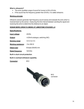31
What is ultrasonic?
 The sonic (audible) range of sound for human is 20 to 20 kHz.
 If the sound has the frequency greater than 20 kHz, it is called ultrasonic.
Working principle
Ultrasonic sensors generate high frequency sound waves and evaluate the echo which is
received back by the sensor, measuring the time interval between sending the signal and
receiving the echo to determine the distance to an object.
SONAR BERO (3RG6115-3BE00) AT LIMESTONE STACKER L-II
Specifications:
Input voltage: 24VDc
Output: 4-20mA analogue, switching (NC)
Sensing range: 0.4 m to 3 m
Working resistance: 0 to 300 Ω
Object size: At least (50x50) mm
Rated frequency: 120 KHz
Built in short circuit protection
Built in overload withstand capability
Connector: M12
M12
connector
 