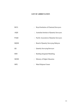 xv
LIST OF ABBREVIATION
RICS : Royal Institution of Chartered Surveyors
AIQS : Australian Institute of Quantity Surveyors
PAQS : Pacific Association of Quantity Surveyors
BQSM : Board of Quantity Surveying Malaysia
QS : Quantity Surveying/Surveyor
BIM : Building Integrated Modelling
MOHE : Ministry of Higher Education
MPU : Mata Pelajaran Umum
 