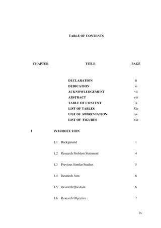 ix
TABLE OF CONTENTS
CHAPTER TITLE PAGE
DECLARATION ii
DEDICATION vi
ACKNOWLEDGEMENT vii
ABSTRACT viii
TABLE OF CONTENT ix
LIST OF TABLES Xiv
LIST OF ABBREVIATION xv
LIST OF FIGURES xvi
1 INTRODUCTION
1.1 Background 1
1.2 Research Problem Statement 4
1.3 Previous Similar Studies 5
1.4 Research Aim 6
1.5 Research Question 6
1.6 Research Objective 7
 