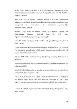 74
Davies, H. A., Csete, J., & Poon, L. K. (1999). Employer's Expectations of the
Performance of Construction Graduates. Int. J. Engng Ed, 15(3), 191-198. doi:0949-
149X/91 $3.00 0.00
Dada, J. O. (2014). A Principal Component Analysis of Skills and Competencies
Required of Quantity Surveyors: Nigerian Perspective. Organization, technology and
management in construction: An international journal, 6(2).
doi:10.5592/otmcj.2014.2.4
DISTED. (2014, March 6). General Studies for Certificate, Diploma and
Undergraduate Students. Retrieved June 17, 2017, from
http://www.disted.edu.my/mpr/info/mpu-structure.pdf
Eraut, M. (1994). Developing Professional Knowledge and Competence, Falmer
Press, London
Fadhlin Abdullah (2005). Preliminary Findings of The Research on The Profile of
The Quantity Surveying Practice in Malaysia.QS National Convention 2005, 10 – 11
August 2005, Hilton Kuala Lumpur.
Githaiga, F.M. (2004) Challenges facing the Quantity Surveying Profession in a
Globalized
John Austen Associates. http://www.johnausten.co.uk, (2004) [Accessed on the 3rd
of September 2006]
John,W. (2002).Challenges for the quantity surveying profession in the light of new
developments. The Surveyor, 4, 19-23.
Krejcie, R.V., & Morgan, D.W. (1970) Sample Size Determination Using Krejcie
and Morgan Table. (2016, May 01). Retrieved November 01, 2017, from
http://www.kenpro.org/sample-size-determination-using-krejcie-and-morgan-table/
Leveson, R. (1996) Can professionals be multiskilled? People Management, 2 (17),
36-39, August
 