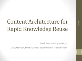 Content Architecture for Rapid Knowledge Reuse Don R. Day, Learning by Wrote Doug Morrison, Mardi: Making a Real Difference Internationally 6/5/2011 1 