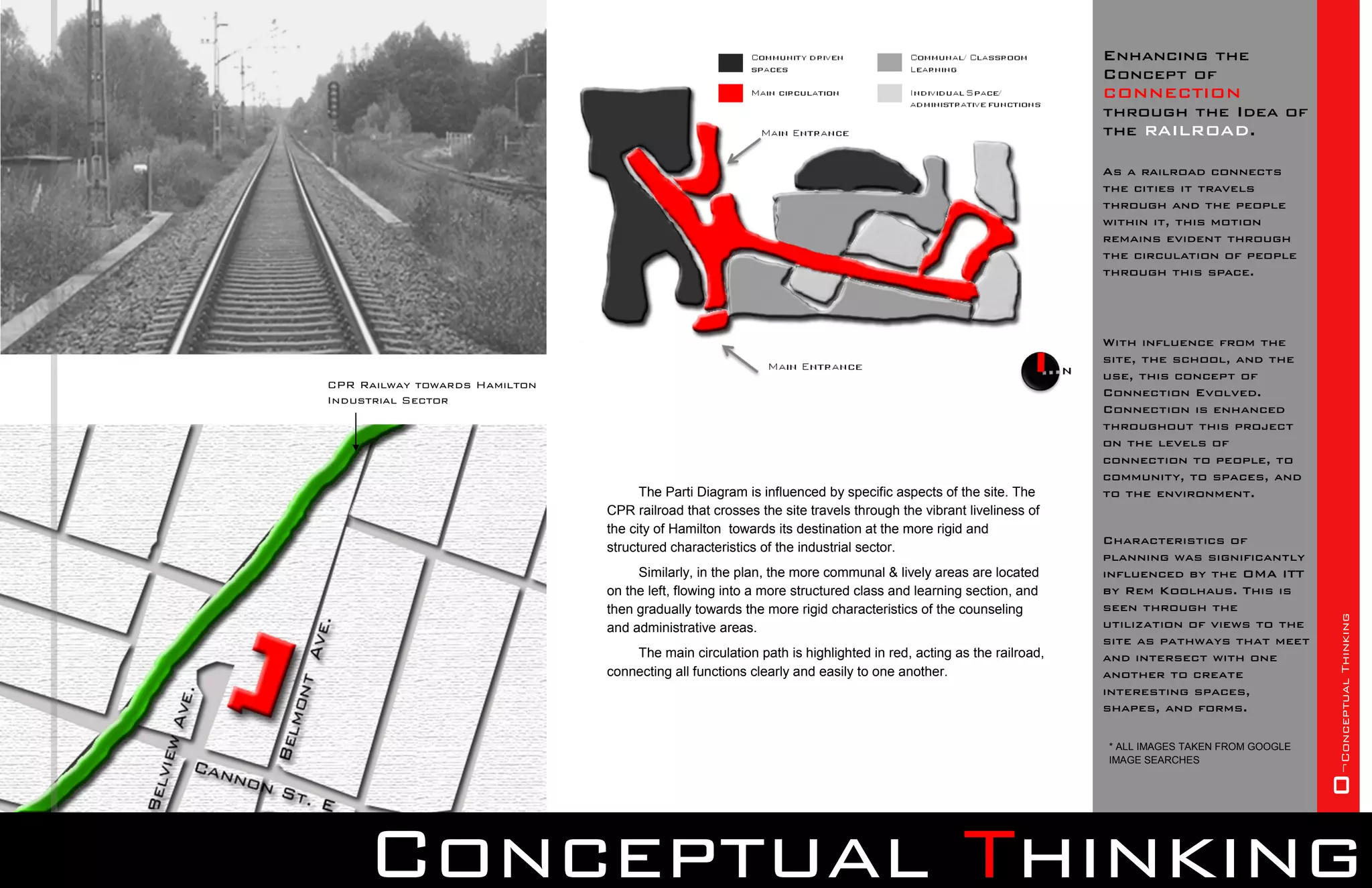 Enhancing the
                                                                                                              Concept of
                                                                                                              CONNECTION
                                                                                                              through the Idea of
                                                                                                              the RAILROAD.

                                                                                                              As a railroad connects
                                                                                                              the cities it travels
                                                                                                              through and the people
                                                                                                              within it, this motion
                                                                                                              remains evident through
                                                                                                              the circulation of people
                                                                                                              through this space.




                                                                                                              With influence from the
                                                                                                              site, the school, and the
                                                                                                              use, this concept of
CPR Railway towards Hamilton
                                                                                                              Connection Evolved.
Industrial Sector
                                                                                                              Connection is enhanced
                                                                                                              throughout this project
                                                                                                              on the levels of
                                                                                                              connection to people, to
                                                                                                              community, to spaces, and
                                     The Parti Diagram is influenced by specific aspects of the site. The     to the environment.
                               CPR railroad that crosses the site travels through the vibrant liveliness of
                               the city of Hamilton towards its destination at the more rigid and
                                                                                                              Characteristics of
                               structured characteristics of the industrial sector.
                                                                                                              planning was significantly
                                    Similarly, in the plan, the more communal & lively areas are located      influenced by the OMA ITT
                               on the left, flowing into a more structured class and learning section, and    by Rem Koolhaus. This is
                               then gradually towards the more rigid characteristics of the counseling        seen through the




                                                                                                                                               0¬Conceptual Thinking
                               and administrative areas.                                                      utilization of views to the
                                                                                                              site as pathways that meet
                                   The main circulation path is highlighted in red, acting as the railroad,   and intersect with one
                               connecting all functions clearly and easily to one another.                    another to create
                                                                                                              interesting spaces,
                                                                                                              shapes, and forms.

                                                                                                              * ALL IMAGES TAKEN FROM GOOGLE
                                                                                                              IMAGE SEARCHES




     Conceptual Thinking
 