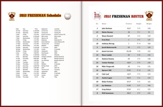 2012 FRESHMAN ROSTER
No. Name Position Height Weight
3 Jake	
  Barham SS/P 5’	
  9 150
21 Skylar	
  Barney 2B 5’	
  1 95
2 Shane	
  Baumel OF 5’	
  6 120
7 Evan	
  Beat C 5’	
  5 125
28 Anthony	
  Birong C 5’	
  11 160
5 Jacob	
  Butterworth OF 5’	
  3 120
11 Jason	
  Carreon SS/2B 5’	
  8 125
15 Maxx	
  Cauble OF 5’	
  8 145
23 Hudson	
  Deaton OF 5’	
  9 130
25 Conner	
  Dunlap 1B/P 5’	
  9 140
20 Mike	
  Fitzgerald 2B 5’	
  6 135
16 Spencer	
  Hill P/OF 5’	
  11 165
12 Cole	
  Leaf 1B/P 5’	
  9 125
14 Austin	
  Logan 3B/P 5’	
  6 135
40 Blake	
  Perkins OF/P 6’	
  0 165
35 Jay	
  Rohman P/OF 6’	
  3 190
17 Greg	
  Salaya P/OF 6’	
  1 155
8 Will	
  Semonsen 3B/P 5’	
  9 145
2012 FRESHMAN Schedule
Date	
   Day	
   Time	
   Opponent	
   Location	
  
25-­‐Feb	
   Saturday	
   11:00	
  AM	
   Corona	
  HS	
   Corona	
  HS	
  
25-­‐Feb	
   Saturday	
   1:00	
  PM	
   Corona	
  HS	
   Corona	
  HS	
  
2-­‐Mar	
   Friday	
   3:15	
  PM	
   South	
  Torrance	
   South	
  Torrance	
  HS	
  
3-­‐Mar	
   Saturday	
   11:00	
  AM	
   Mira	
  Costa	
   Mira	
  Costa	
  
7-­‐Mar	
   Wednesday	
   3:15	
  PM	
   Warren	
  HS	
   WHS	
  
9-­‐Mar	
   Friday	
   3:15	
  PM	
   Redondo	
   Redondo	
  HS	
  
14-­‐Mar	
   Wednesday	
   4:00	
  PM	
   Santa	
  Monica	
   Santa	
  Monica	
  HS	
  
17-­‐Mar	
   Saturday	
   3:15	
  PM	
   Torrance	
  HS	
   Torrance	
  
21-­‐Mar	
   Wednesday	
   3:15	
  PM	
   Millikan	
   Millikan	
  
24-­‐Mar	
   Saturday	
   11:00	
  AM	
   S.	
  Torrance	
   WHS	
  
28-­‐Mar	
   Wednesday	
   3:15	
  PM	
   Jordan	
   El	
  Dorado	
  	
  
30-­‐Mar	
   Friday	
   6:30	
  PM	
   Lakewood	
   WHS	
  
6-­‐Apr	
   Friday	
   3:00	
  PM	
   Northwood	
   WHS	
  
7-­‐Apr	
   Saturday	
   11:00	
  AM	
   Downey	
   Downey	
  
9-­‐Apr	
   Monday	
   10:20	
  AM	
   Orange	
  Lutheran	
   Bishop	
  Amat	
  HS	
  
12-­‐Apr	
   Thursday	
   8:00	
  AM	
   Cal	
  High	
   Bishop	
  Amat	
  HS	
  
13-­‐Apr	
   Friday	
   3:00	
  PM	
   Los	
  Alamitos	
   Bishop	
  Amat	
  HS	
  
17-­‐Apr	
   Tuesday	
   3:15	
  PM	
   Poly	
   WHS	
  
19-­‐Apr	
   Thursday	
   3:15	
  PM	
   Millikan	
   El	
  Dorado	
  	
  
21-­‐Apr	
   Saturday	
   12:00	
  PM	
   Bishop	
  Amat	
   WHS	
  
21-­‐Apr	
   Saturday	
   2:00	
  AM	
   Gahr	
   Gahr	
  HS	
  
23-­‐Apr	
   Monday	
   3:15	
  PM	
   Torrance	
  HS	
   Torrance	
  
2-­‐May	
   Wednesday	
   3:15	
  PM	
   Lakewood	
   WHS	
  
4-­‐May	
   Friday	
   3:15	
  PM	
   Millikan	
   El	
  Dorado	
  	
  
8-­‐May	
   Tuesday	
   3:15	
  PM	
   Jordan	
   Jordan	
  
10-­‐May	
   Thursday	
   15:15	
   Poly	
   Poly	
  
	
  
 