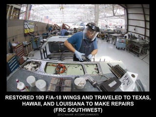 RESTORED 100 F/A-18 WINGS AND TRAVELED TO TEXAS,
     HAWAII, AND LOUISIANA TO MAKE REPAIRS
                (FRC SOUTHWEST)
 