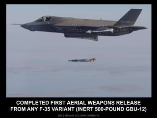 COMPLETED FIRST AERIAL WEAPONS RELEASE
FROM ANY F-35 VARIANT (INERT 500-POUND GBU-12)
 