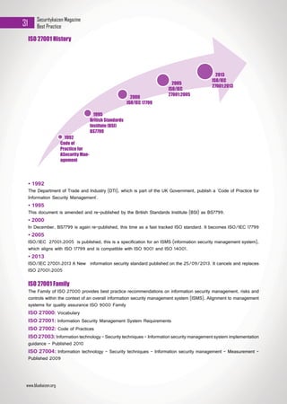 Securitykaizen Magazine
Best Practice31
ISO 27001 History
• 1992
The Department of Trade and Industry (DTI), which is part of the UK Government, publish a 'Code of Practice for
Information Security Management'.
• 1995
This document is amended and re-published by the British Standards Institute (BSI) as BS7799.
• 2000
In December, BS7799 is again re-published, this time as a fast tracked ISO standard. It becomes ISO/IEC 17799
• 2005
ISO/IEC 27001:2005 is published, this is a specification for an ISMS (information security management system),
which aligns with ISO 17799 and is compatible with ISO 9001 and ISO 14001.
• 2013
ISO/IEC 27001:2013 A New information security standard published on the 25/09/2013. It cancels and replaces
ISO 27001:2005
ISO 27001 Family
The Family of ISO 27000 provides best practice recommendations on information security management, risks and
controls within the context of an overall information security management system (ISMS), Alignment to management
systems for quality assurance ISO 9000 Family
ISO 27000: Vocabulary
ISO 27001: Information Security Management System Requirements
ISO 27002: Code of Practices
ISO27003:Information technology - Security techniques - Information security management system implementation
guidance - Published 2010
ISO 27004: Information technology - Security techniques - Information security management - Measurement -
Published 2009
1992
Code of
Practice for
ASecurity Man-
agement
1995
British Standards
Institute (BSI)
BS7799
2013
ISO/IEC
27001:2013
2005
ISO/IEC
27001:2005
2000
ISO/IEC 17799
www.bluekaizen.org
 