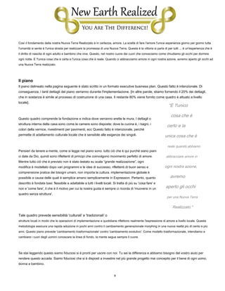 8
Così il fondamento della nostra Nuova Terra Realizzato è in certezza, amore. La scelta di fare l'amore l'unica esperienza giorno per giorno tutta
l'umanità si sente è l'unica strada per realizzare la promessa di una Nuova Terra. Questa è la vittoria si parla di per tutti ... è un'esperienza che è
il diritto di nascita di ogni adulto e bambino che vive. Questo, nel nostro cuore dei cuori che conosciamo come chiudiamo gli occhi per dormire
ogni notte. E 'l'unica cosa che è certa e l'unica cosa che è reale. Quando ci abbracciamo amore in ogni nostra azione, avremo aperto gli occhi ad
una Nuova Terra realizzato.
Il piano
Il piano delineato nella pagina seguente è stato scritto in un formato executive business plan. Questo fatto è intenzionale. Di
conseguenza, i tanti dettagli del piano verranno durante l'implementazione. [In altre parole, stiamo fornendo il 20% dei dettagli,
che in sostanza è simile al processo di costruzione di una casa. Il restante 80% viene fornito come quadro è attuato a livello
locale].
Questo quadro comprende la fondazione e indica dove verranno erette le mura. I dettagli o
struttura interna della casa sono come le camere sono disposte; dove la cucina è, i bagni, i
colori della vernice, rivestimenti per pavimenti, ecc Questo fatto è intenzionale, perché
permette di adattamento culturale locale che è sensibile alle esigenze dei singoli.
Pensieri da tenere a mente, come si legge nel piano sono: tutto ciò che è qui purché siano piani
ci date da Dio, quindi sono riflettenti di principi che coinvolgono movimento perfetto di amore.
Mentre tutto ciò che è previsto non è stato testato su scala “grande realizzazione”, ogni
modifica è modellato dopo vari programmi e le idee di successo, riflettenti di buon senso e
comprensione pratica dei bisogni umani, non importa la cultura. implementazione globale è
possibile a causa delle quali è semplice amano semplicemente in Expression. Pertanto, quanto
descritto è fondata basi: flessibile e adattabile a tutti i livelli locali. Si tratta di più su 'cosa fare' e
non e 'come fare', il che è il motivo per cui la nostra guida è sempre ci ricorda di 'muoversi in un
quadro senza struttura'.
Tale quadro prevede sensibilità 'culturali' e 'tradizionali' o
strutture locali in modo che le operazioni di implementazione e quotidiane riflettono realmente l'espressione di amore a livello locale. Questa
metodologia assicura una rapida adozione in pochi anni contro il cambiamento generazionale morphing in una nuova realtà più di cento e più
anni. Questo piano prevede 'cambiamento trasformazionale' contro 'cambiamento evolutivo'. Come modello trasformazionale, intendiamo a
cambiare i cuori degli uomini conoscere la linea di fondo, la mente segue sempre il cuore.
Se stai leggendo questo siamo fiduciosi si è pronti per uscire con noi. Tu sei la differenza e abbiamo bisogno del vostro aiuto per
rendere questo accada. Siamo fiduciosi che si è disposti a investire nel più grande progetto mai concepito per il bene di ogni uomo,
donna e bambino.
“E 'l'unico
cosa che è
certo e la
unica cosa che è
reale quando abbiamo
abbracciare amore in
ogni nostra azione,
avremo
aperto gli occhi
per una Nuova Terra
Realizzato."
 