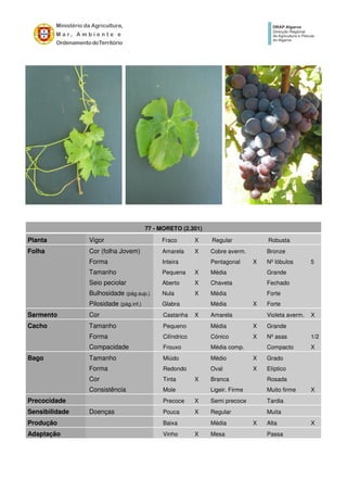 77 - MORETO (2.301)
Planta Vigor Fraco X Regular Robusta
Folha Cor (folha Jovem) Amarela X Cobre averm. Bronze
Forma Inteira Pentagonal X Nº lóbulos 5
Tamanho Pequena X Média Grande
Seio peciolar Aberto X Chaveta Fechado
Bulhosidade (pág.sup.) Nula X Média Forte
Pilosidade (pág.inf.) Glabra Média X Forte
Sarmento Cor Castanha X Amarela Violeta averm. X
Cacho Tamanho Pequeno Média X Grande
Forma Cilíndrico Cónico X Nº asas 1/2
Compacidade Frouxo Média comp. Compacto X
Bago Tamanho Miúdo Médio X Grado
Forma Redondo Oval X Elíptico
Cor Tinta X Branca Rosada
Consistência Mole Ligeir. Firme Muito firme X
Precocidade Precoce X Semi precoce Tardia
Sensibilidade Doenças Pouca X Regular Muita
Produção Baixa Média X Alta X
Adaptação Vinho X Mesa Passa
 