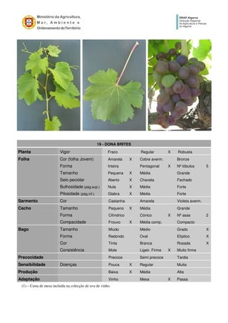 19 - DONA BRITES
Planta Vigor Fraco Regular X Robusta
Folha Cor (folha Jovem) Amarela X Cobre averm. Bronze
Forma Inteira Pentagonal X Nº lóbulos 5
Tamanho Pequena X Média Grande
Seio peciolar Aberto X Chaveta Fechado
Bulhosidade (pág.sup.) Nula X Média Forte
Pilosidade (pág.inf.) Glabra X Média Forte
Sarmento Cor Castanha Amarela Violeta averm.
Cacho Tamanho Pequeno X Média Grande
Forma Cilíndrico Cónico X Nº asas 2
Compacidade Frouxo X Média comp. Compacto
Bago Tamanho Miúdo Médio Grado X
Forma Redondo Oval Elíptico X
Cor Tinta Branca Rosada X
Consistência Mole Ligeir. Firme X Muito firme
Precocidade Precoce Semi precoce Tardia
Sensibilidade Doenças Pouca X Regular Muita
Produção Baixa X Média Alta
Adaptação Vinho Mesa X Passa
(1) – Casta de mesa incluída na colecção de uva de vinho.
 