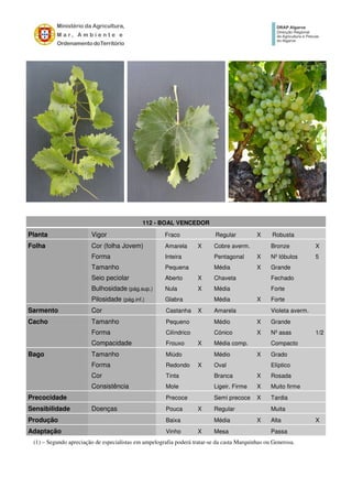 112 - BOAL VENCEDOR
Planta Vigor Fraco Regular X Robusta
Folha Cor (folha Jovem) Amarela X Cobre averm. Bronze X
Forma Inteira Pentagonal X Nº lóbulos 5
Tamanho Pequena Média X Grande
Seio peciolar Aberto X Chaveta Fechado
Bulhosidade (pág.sup.) Nula X Média Forte
Pilosidade (pág.inf.) Glabra Média X Forte
Sarmento Cor Castanha X Amarela Violeta averm.
Cacho Tamanho Pequeno Médio X Grande
Forma Cilíndrico Cónico X Nº asas 1/2
Compacidade Frouxo X Média comp. Compacto
Bago Tamanho Miúdo Médio X Grado
Forma Redondo X Oval Elíptico
Cor Tinta Branca X Rosada
Consistência Mole Ligeir. Firme X Muito firme
Precocidade Precoce Semi precoce X Tardia
Sensibilidade Doenças Pouca X Regular Muita
Produção Baixa Média X Alta X
Adaptação Vinho X Mesa Passa
(1) – Segundo apreciação de especialistas em ampelografia poderá tratar-se da casta Marquinhas ou Generosa.
 