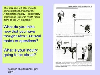 (Blaxter, Hughes and Tight,
2001)
The proposal will also include
some practitioner research.
A research analogy – exploratory
practitioner research might relate
more to the 2nd
example?
What do you think
now that you have
thought about several
topics or questions?
What is your inquiry
going to be about?
 