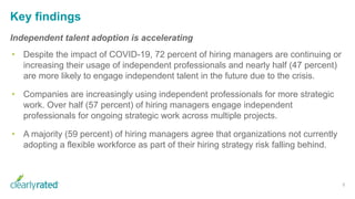 Key findings
Independent talent adoption is accelerating
• Despite the impact of COVID-19, 72 percent of hiring managers are continuing or
increasing their usage of independent professionals and nearly half (47 percent)
are more likely to engage independent talent in the future due to the crisis.
• Companies are increasingly using independent professionals for more strategic
work. Over half (57 percent) of hiring managers engage independent
professionals for ongoing strategic work across multiple projects.
• A majority (59 percent) of hiring managers agree that organizations not currently
adopting a flexible workforce as part of their hiring strategy risk falling behind.
8
 