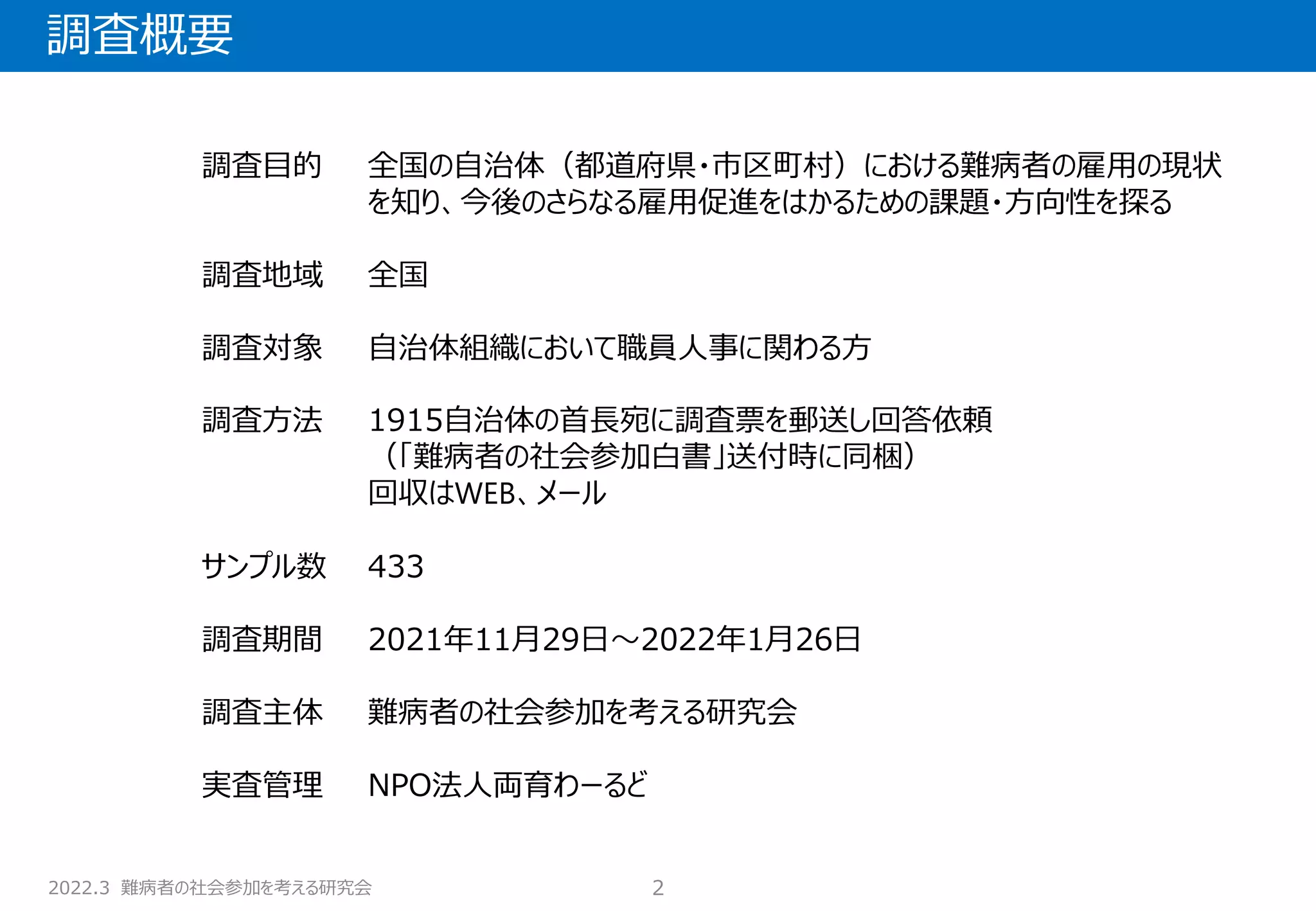 2022.3 難病者の社会参加を考える研究会
調査概要
2
調査目的 全国の自治体（都道府県・市区町村）における難病者の雇用の現状
を知り、今後のさらなる雇用促進をはかるための課題・方向性を探る
調査地域 全国
調査対象 自治体組織において職員人事に関わる方
調査方法 1915自治体の首長宛に調査票を郵送し回答依頼
（「難病者の社会参加白書」送付時に同梱）
回収はWEB、メール
サンプル数 433
調査期間 2021年11月29日～2022年1月26日
調査主体 難病者の社会参加を考える研究会
実査管理 NPO法人両育わーるど
 
