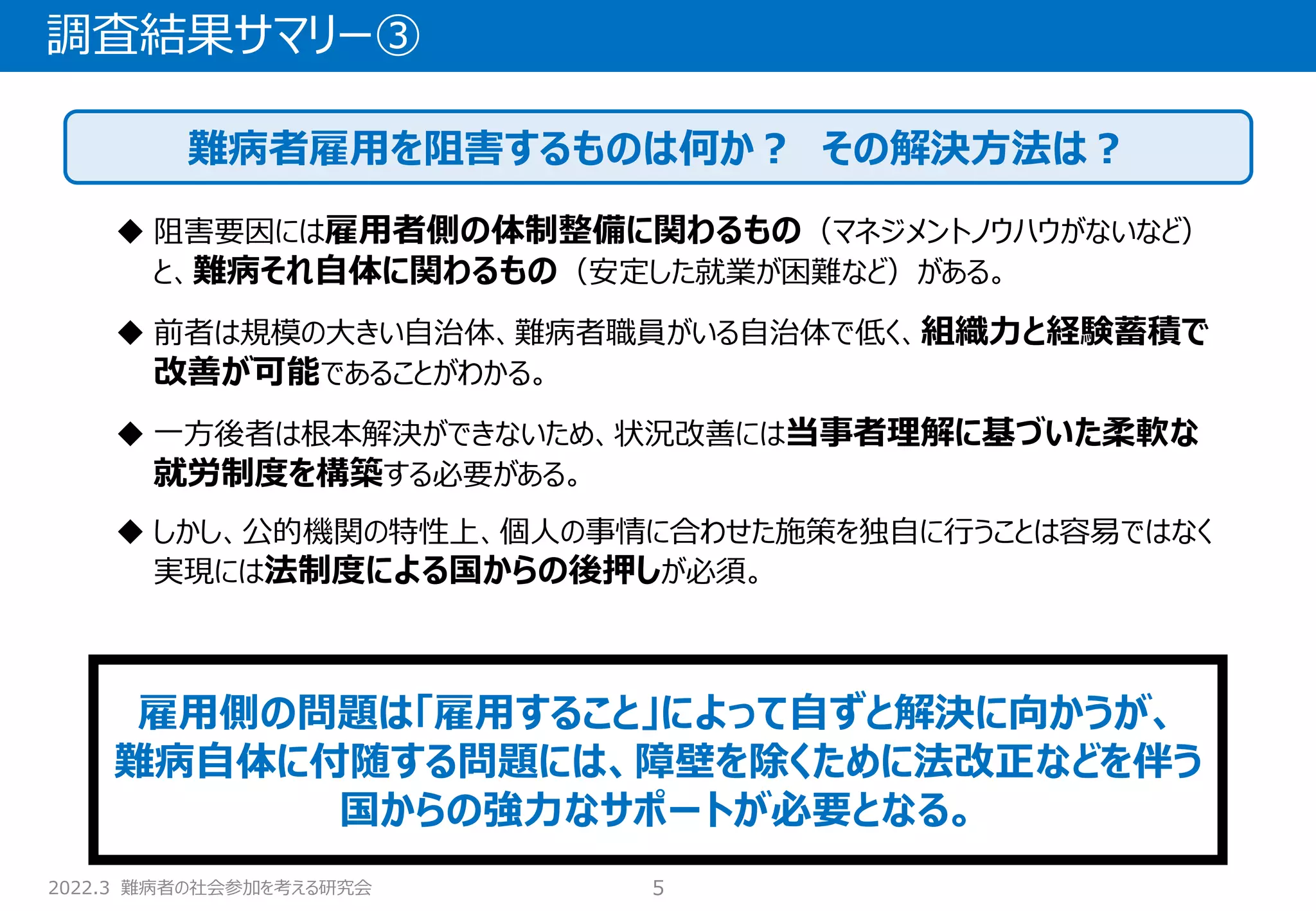 2022.3 難病者の社会参加を考える研究会
調査結果サマリー③
5
難病者雇用を阻害するものは何か？ その解決方法は？
◆ 阻害要因には雇用者側の体制整備に関わるもの（マネジメントノウハウがないなど）
と、難病それ自体に関わるもの（安定した就業が困難など）がある。
◆ 前者は規模の大きい自治体、難病者職員がいる自治体で低く、組織力と経験蓄積で
改善が可能であることがわかる。
◆ 一方後者は根本解決ができないため、状況改善には当事者理解に基づいた柔軟な
就労制度を構築する必要がある。
◆ しかし、公的機関の特性上、個人の事情に合わせた施策を独自に行うことは容易ではなく
実現には法制度による国からの後押しが必須。
雇用側の問題は「雇用すること」によって自ずと解決に向かうが、
難病自体に付随する問題には、障壁を除くために法改正などを伴う
国からの強力なサポートが必要となる。
 