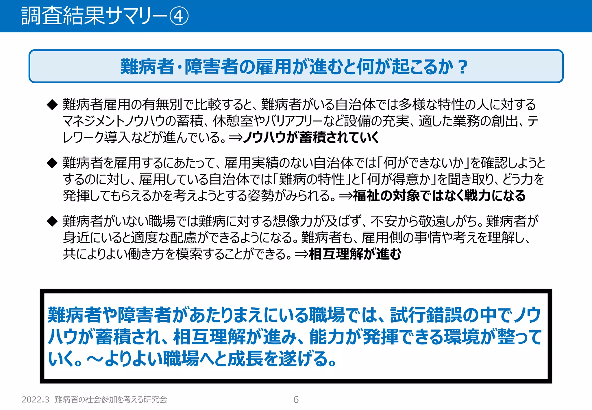 2022.3 難病者の社会参加を考える研究会
調査結果サマリー④
6
難病者・障害者の雇用が進むと何が起こるか？
◆ 難病者雇用の有無別で比較すると、難病者がいる自治体では多様な特性の人に対する
マネジメントノウハウの蓄積、休憩室やバリアフリーなど設備の充実、適した業務の創出、テ
レワーク導入などが進んでいる。⇒ノウハウが蓄積されていく
◆ 難病者を雇用するにあたって、雇用実績のない自治体では「何ができないか」を確認しようと
するのに対し、雇用している自治体では「難病の特性」と「何が得意か」を聞き取り、どう力を
発揮してもらえるかを考えようとする姿勢がみられる。⇒福祉の対象ではなく戦力になる
◆ 難病者がいない職場では難病に対する想像力が及ばず、不安から敬遠しがち。難病者が
身近にいると適度な配慮ができるようになる。難病者も、雇用側の事情や考えを理解し、
共によりよい働き方を模索することができる。⇒相互理解が進む
難病者や障害者があたりまえにいる職場では、試行錯誤の中でノウ
ハウが蓄積され、相互理解が進み、能力が発揮できる環境が整って
いく。～よりよい職場へと成長を遂げる。
 
