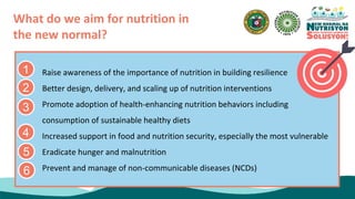 What do we aim for nutrition in
the new normal?
Raise awareness of the importance of nutrition in building resilience
Better design, delivery, and scaling up of nutrition interventions
Promote adoption of health-enhancing nutrition behaviors including
consumption of sustainable healthy diets
Increased support in food and nutrition security, especially the most vulnerable
Eradicate hunger and malnutrition
Prevent and manage of non-communicable diseases (NCDs)
1
2
3
4
5
6
 