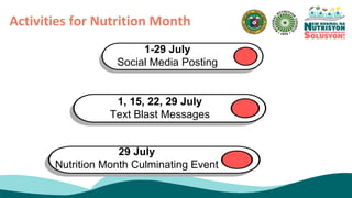 Activities for Nutrition Month
1-29 July
Social Media Posting
1, 15, 22, 29 July
Text Blast Messages
29 July
Nutrition Month Culminating Event
 