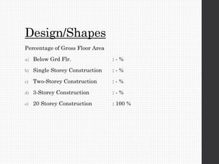 Design/Shapes
Percentage of Gross Floor Area
a) Below Grd Flr. : - %
b) Single Storey Construction : - %
c) Two-Storey Construction : - %
d) 3-Storey Construction : - %
e) 20 Storey Construction : 100 %
 