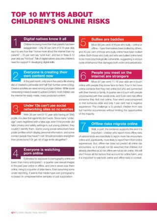 TOP 10 MYTHS ABOUT
CHILDREN’S ONLINE RISKS

1

Digital natives know it all

2

Everyone is creating their
own content now

3

Under 13s can’t use social
networking sites so no worries

Children knowing more than their parents has been
exaggerated – only 36 per cent of 9-16-year olds
say it is very true that “I know more about the internet than my
parents” – 31 per cent say “a bit true”, and two in three 9-10
year olds say “not true”. Talk of digital natives obscures children’s
need for support in developing digital skills.

In the past month, only one in ﬁve used a ﬁle-sharing
site or created a pet/avatar and half that number wrote a blog.
Creative activities are rarest among younger children. While social
networking makes it easier to upload content, most children use
the internet for ready-made, mass produced content.

With 38 per cent 9-12 year olds having an SNS
proﬁle, it is clear that age limits don’t work. Since many “underage” users registered with a false age, even if the provider did
tailor privacy and safety settings to suit young children, they
couldn’t identify them. Some young social networkers have
public proﬁles which display personal information, and some
contact people they haven’t met. Should providers strengthen
their protections? Or get rid of age limits altogether?

4

Everyone is watching
porn online

Estimates for exposure to pornography online are
lower than many anticipated – a quarter saw sexual images
in the past year online or ofﬂine, and one in seven saw them
online, rising to a quarter of older teens. Even assuming some
under-reporting, it seems that media hype over pornography
is based on unrepresentative samples or just supposition.

42 • EU KIDS ONLINE FINAL REPORT

5

Bullies are baddies

6

People you meet on the
internet are strangers

7

Ofﬂine risks migrate online

Most (60 per cent) of those who bully – online or
ofﬂine – have themselves been bullied by others,
and 40 per cent of those who bully online have been bullied
online. Both those who bully and who are bullied online tend
to be more psychologically vulnerable, suggesting a vicious
cycle of behaviour that damages both victim and perpetrator.

Most (87 per cent) 11-16 year olds are in touch
online with people they know face-to-face. Four in ten have
online contacts that they met online but who are connected
with their friends or family. A quarter are in touch with people
unconnected with their social circle, and 9 per cent met ofﬂine
someone they ﬁrst met online. Few went unaccompanied
or met someone older and only 1 per cent had a negative
experience. The challenge is to protect children from rare
but harmful occurrences without limiting the opportunities
of the majority.

Well, in part, the evidence supports this and it is
important – children who report more ofﬂine risks
of various kinds are more likely to report more risk encounters
online and, signiﬁcantly, more likely to report harm from online
experiences. But, ofﬂine risk does not predict all online risk
encounters, so it should not be assumed that children not
already identiﬁed as at risk ofﬂine are not at risk online. We still
don’t know all the factors that account for online harm, and
it is important to see both online and ofﬂine risks in context.

 