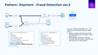 Pattern : Payment - Fraud Detection ver.2
31
transaction
KSQL
Detect
fishy_account
Store
CREATE STREAM fishy_account AS
SELECT
account.id,
COUNT(*)
FROM transaction trans
INNER JOIN account
ON trans.account_id = account.id
GROUP BY account.id
HAVING COUNT(*) >= 10
WINDOW TUMBLING (SIZE 30 MINUTES)
EMIT CHANGES;
Customer
Portal
account
KSQL
SUSPEND
CREATE STREAM suspended AS
SELECT
transaction.id
account.id,
transaction.amount
FROM fishy_account
INNER JOIN transaction
ON bad_trans.account_id
= transaction.account.id
EMIT CHANGES;
Admin
Customer
Portal
suspended
stream
table
process
ksqlDB는 더 복잡한 조건을 채택할 수 있다 - 30분
이내에 10회 이상 트랜잭션을 업데이트되는 계정을
감지한다.
• 계정정도는 계정정보가 업데이트될 때만 변경됨 -
계정 정보를 변경하지 않는 자주 사용하는 사용자는
캡처되지 않는다.
• 모바일 앱을 통해 사용자에게 즉시 계정 알림
• 의심스러운 계정은 일시 중단된다. 백엔드에서 최종
사용자 확인 또는 관리 작업이 필요하다.
 