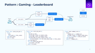 Pattern : Gaming - Leaderboard
34
stream
table
process
CREATE TABLE LOSSES_PER_USER AS
SELECT
USER,
COUNT(USER) AS TOTAL_LOSSES
FROM USER_LOSSES
GROUP BY USER;
CREATE TABLE STATS_PER_USER AS
SELECT
UG.USER AS USER,
MAX(UG.GAME->SCORE) AS HIGHEST_SCORE,
MAX(UG.GAME->LEVEL) AS HIGHEST_LEVEL,
MAX(CASE WHEN LPU.TOTAL_LOSSES IS NULL THEN
CAST(0 AS BIGINT) ELSE LPU.TOTAL_LOSSES END) AS TOTAL_LOSSES
FROM USER_GAME UG
LEFT JOIN LOSSES_PER_USER LPU
ON UG.USER = LPU.USER
GROUP BY UG.USER;
Player user_game
user_losses
KSQL
Loss per
User
losses_per_user
KSQL
User
Stats
stats_per_user
Leaderboard
CREATE TABLE SUMMARY_STATS AS
SELECT
'SUMMARY_KEY' AS SUMMARY_KEY,
MAX(GAME->SCORE) AS HIGHEST_SCORE_VALUE,
COLLECT_SET(USER) AS USERS_SET_VALUE
FROM USER_GAME
GROUP BY 'SUMMARY_KEY';
KSQL
Summary
Stats
summary_stats
 