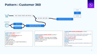 Pattern : Customer 360
35
Customers
create table user as select *
from customers c
inner join marketing_yn m on
c.rowkey=m.rowkey
where
c.age>=20 and
c.gender='M' and
((c.add='SEOUL' or c.add='INCHEON') or
c.add='BUSAN')
emit changes;
사용자 정보
마케팅 동의 정보
stream
table
process
마케팅 동의한 사용자 중 20대의
서울/인천/부산에 거주중인 남성
create stream events_enrich as select *
from events e
inner join user u on e.user_id=u.rowkey
where category_code='electronics.tablet'
partition by e.user_id
emit changes;
create table events_windowed as select
user_id,
array_distinct(collect_list(product_id)) product_id,
timestamptostring(windowstart,'yyyy-MM-
dd','UTC') event_date
from events_enrich
window tumbling(size 24 hours)
group by user_id
having
array_length(array_distinct(collect_list(product_id
)))>=5
emit changes;
이벤트 (거래내역, 구매내역, 사용자 액티비티)
특정 사용자 그룹의 이벤트
하루에 주문거래 5건 이산의 사용자
 