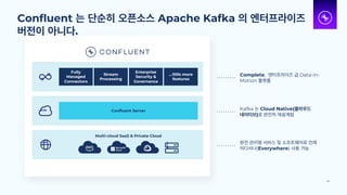 Confluent 는 단순히 오픈소스 Apache Kafka 의 엔터프라이즈
버전이 아니다.
49
Fully
Managed
Connectors
Stream
Processing
Enterprise
Security &
Governance
…100s more
features
Confluent Server
Multi-cloud SaaS & Private Cloud
Kafka 는 Cloud Native(클라우드
네이티브)로 완전히 재설계됨
Complete, 엔터프라이즈 급 Data-in-
Motion 플랫폼
완전 관리형 서비스 및 소프트웨어로 언제
어디서나(Everywhere) 사용 가능
 