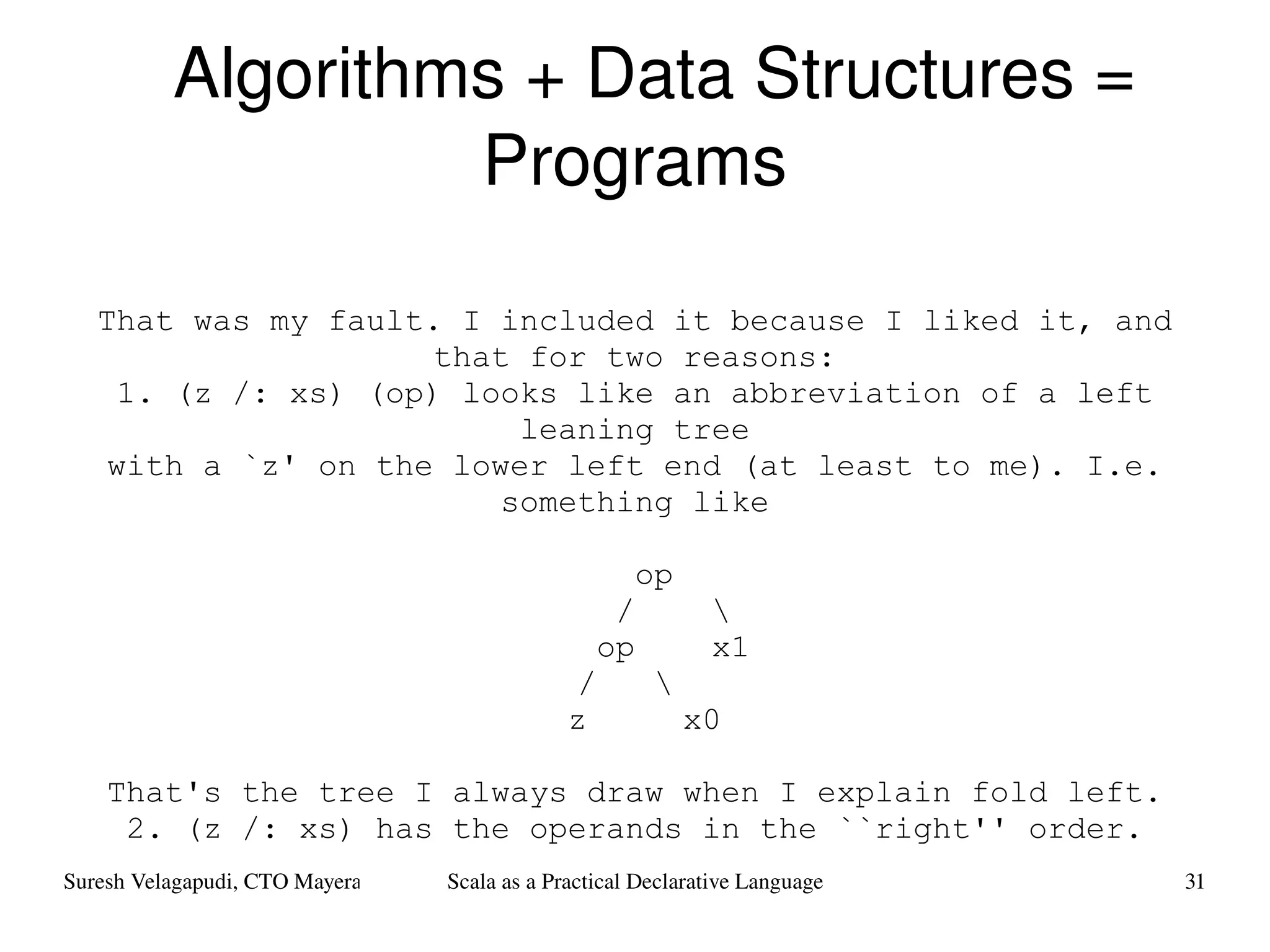 Algorithms + Data Structures = Programs That was my fault. I included it because I liked it, and that for two reasons: 1. (z /: xs) (op) looks like an abbreviation of a left leaning tree with a `z' on the lower left end (at least to me). I.e. something like op /  \  op  x1 /  \  z  x0  That's the tree I always draw when I explain fold left. 2. (z /: xs) has the operands in the ``right'' order. 